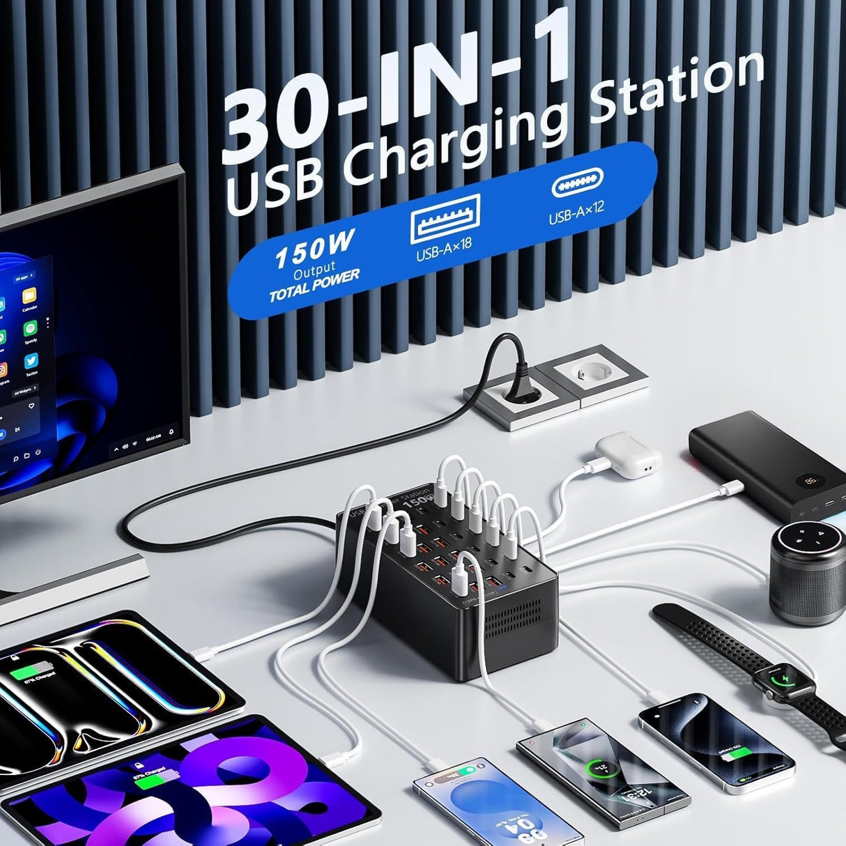USB laadimisjaam 150W 30 porti USB-C ja USB-A B0FLCH1WYC