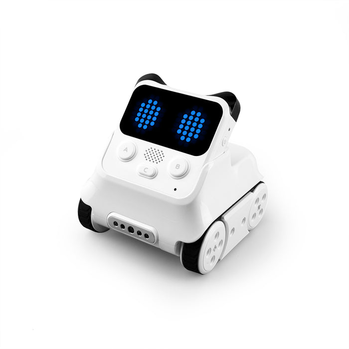Makeblock Codey Rocky valge robot. Robotil on 2 pikslitaolist silma ning pisikesed kõrvad.