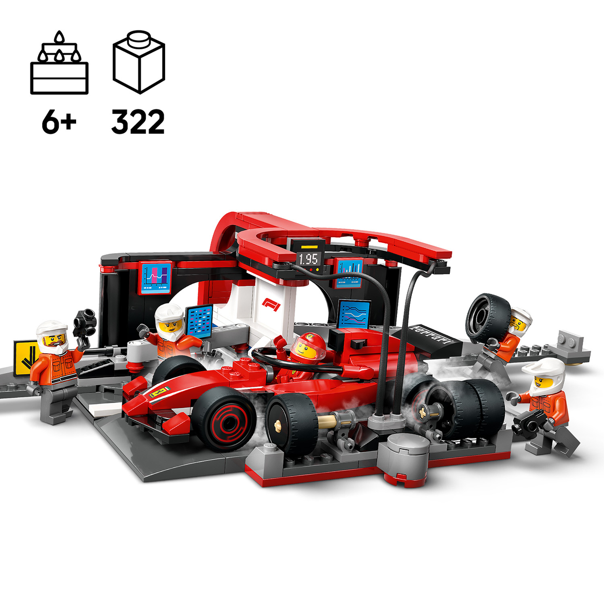 LEGO City F1 boksipeatus ja boksimeeskond Ferrari autoga 60443L