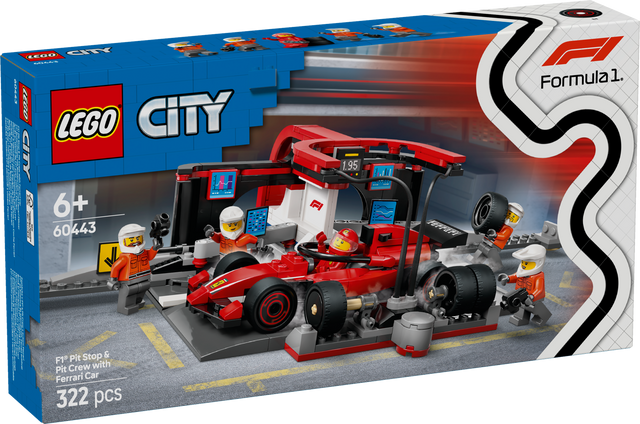 LEGO City F1 boksipeatus ja boksimeeskond Ferrari autoga 60443L